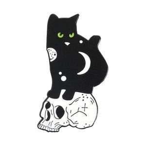 Astral Black Cat on Skull Enamel Lapel Pin NWOT